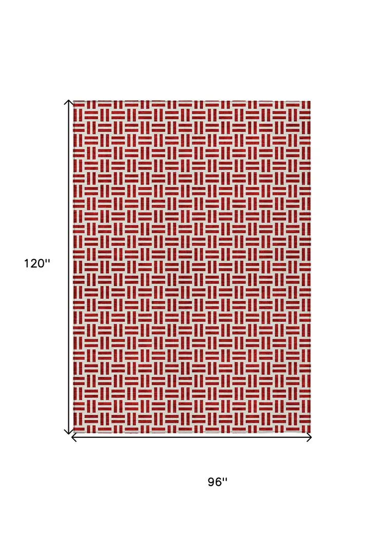 8' X 10' Red And Ivory Geometric Washable Indoor Outdoor Area Rug