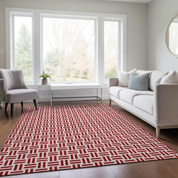 8' X 10' Red And Ivory Geometric Washable Indoor Outdoor Area Rug