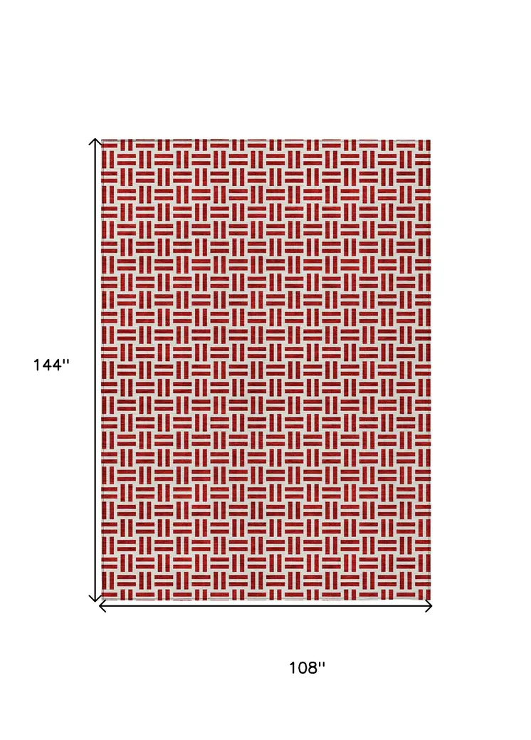 9' X 12' Red And Ivory Geometric Washable Indoor Outdoor Area Rug
