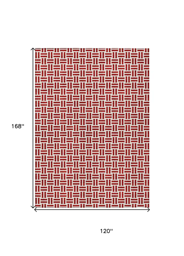 10' X 14' Red And Ivory Geometric Washable Indoor Outdoor Area Rug