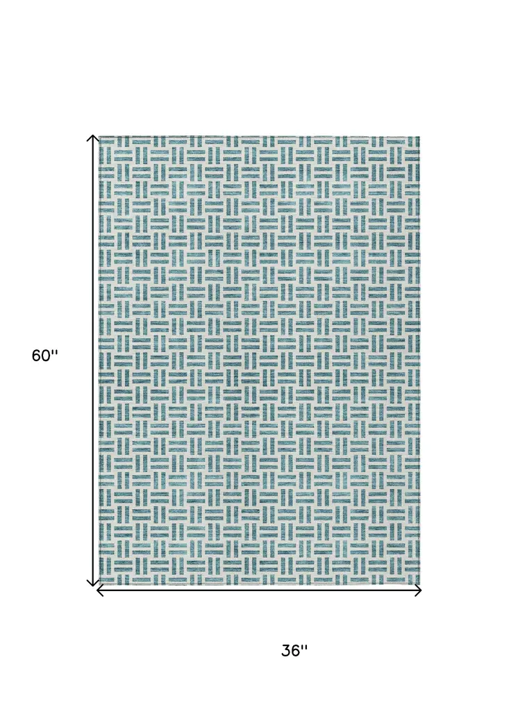 3' X 5' Teal Blue And Ivory Geometric Washable Indoor Outdoor Area Rug