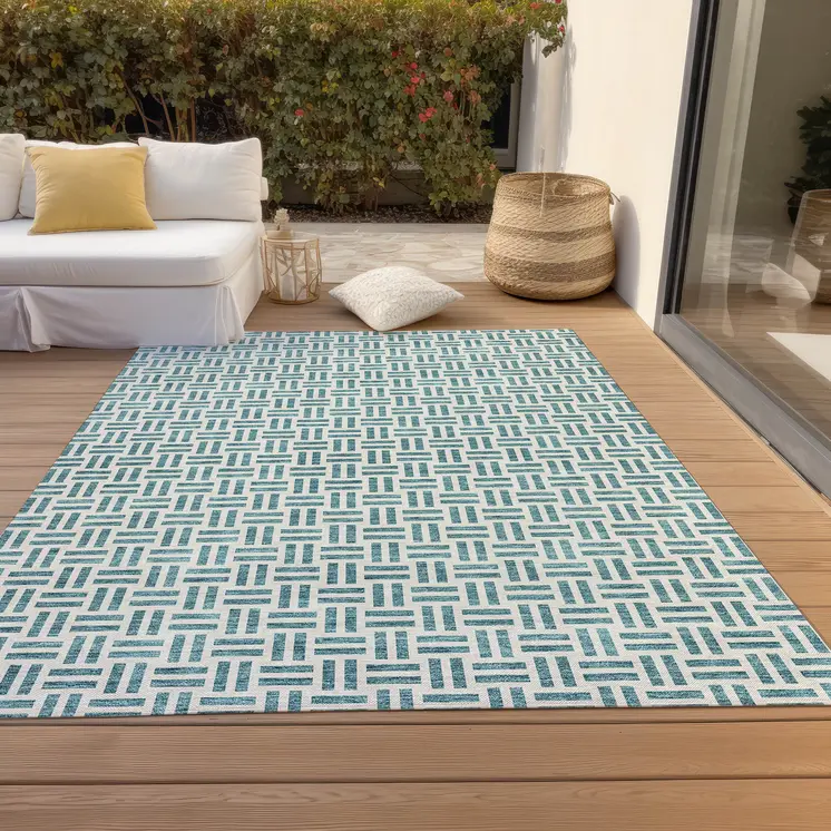 3' X 5' Teal Blue And Ivory Geometric Washable Indoor Outdoor Area Rug