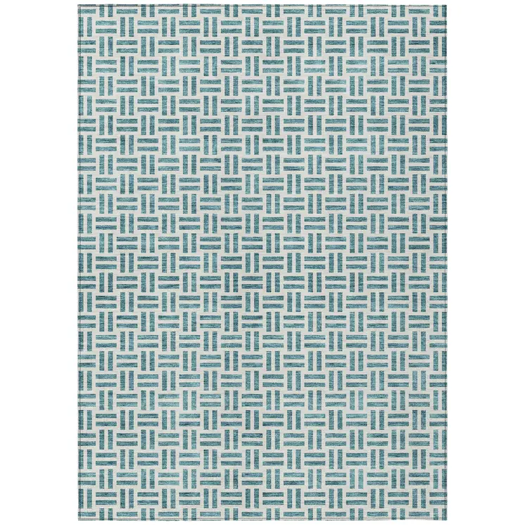 3' X 5' Teal Blue And Ivory Geometric Washable Indoor Outdoor Area Rug