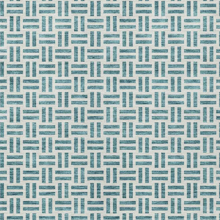 3' X 5' Teal Blue And Ivory Geometric Washable Indoor Outdoor Area Rug