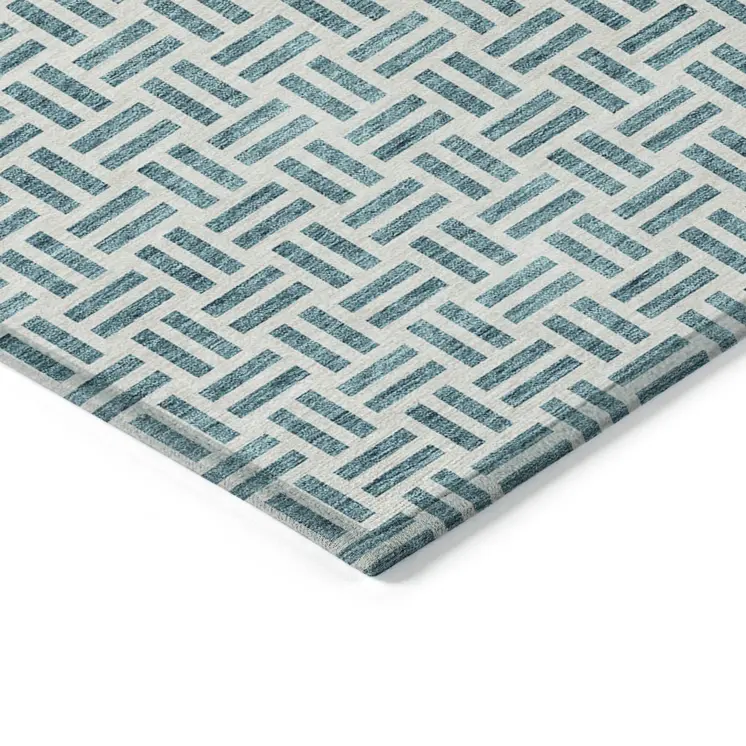 3' X 5' Teal Blue And Ivory Geometric Washable Indoor Outdoor Area Rug