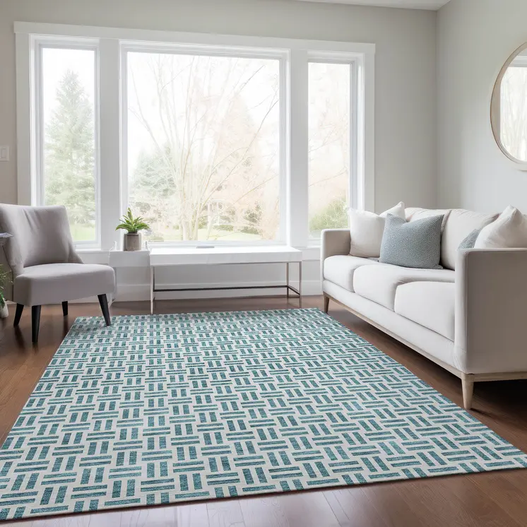 3' X 5' Teal Blue And Ivory Geometric Washable Indoor Outdoor Area Rug