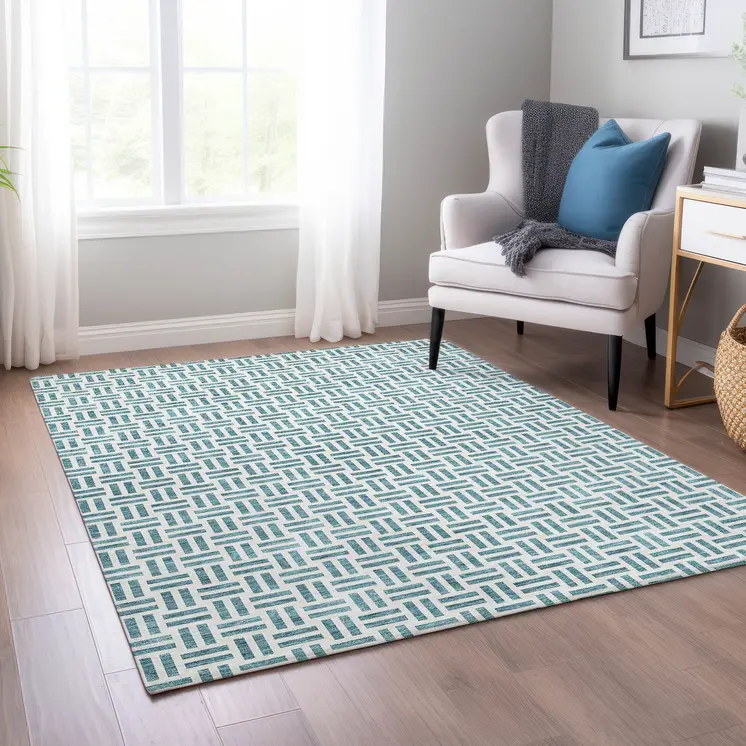 3' X 5' Teal Blue And Ivory Geometric Washable Indoor Outdoor Area Rug