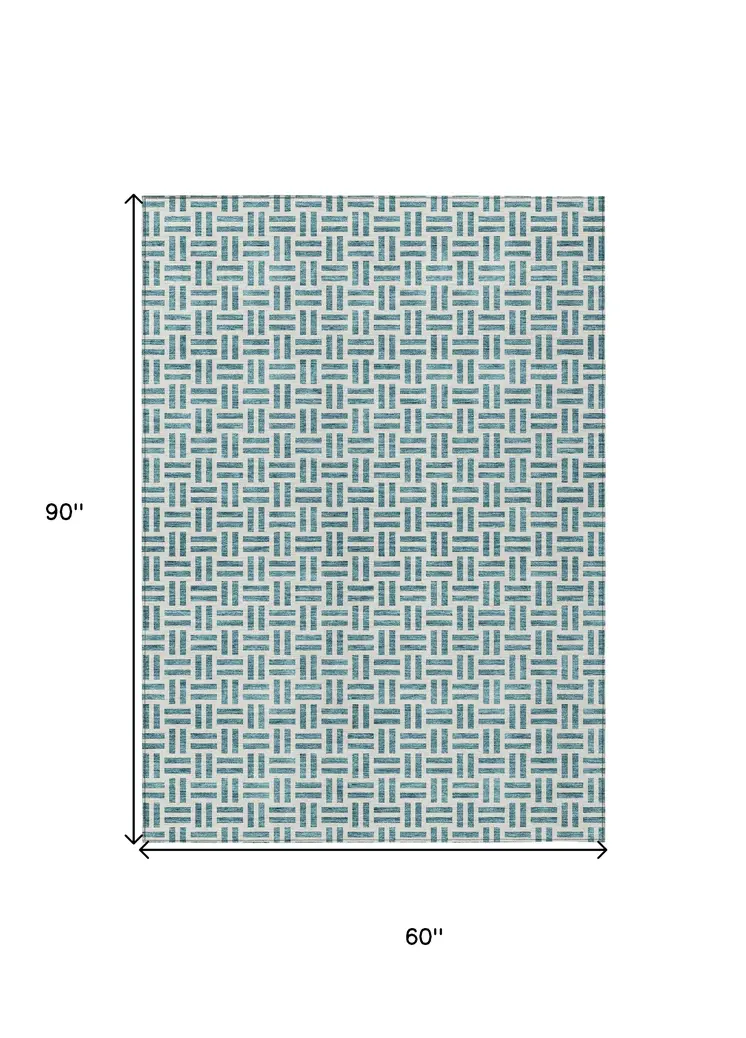 5' X 8' Teal Blue And Ivory Geometric Washable Indoor Outdoor Area Rug