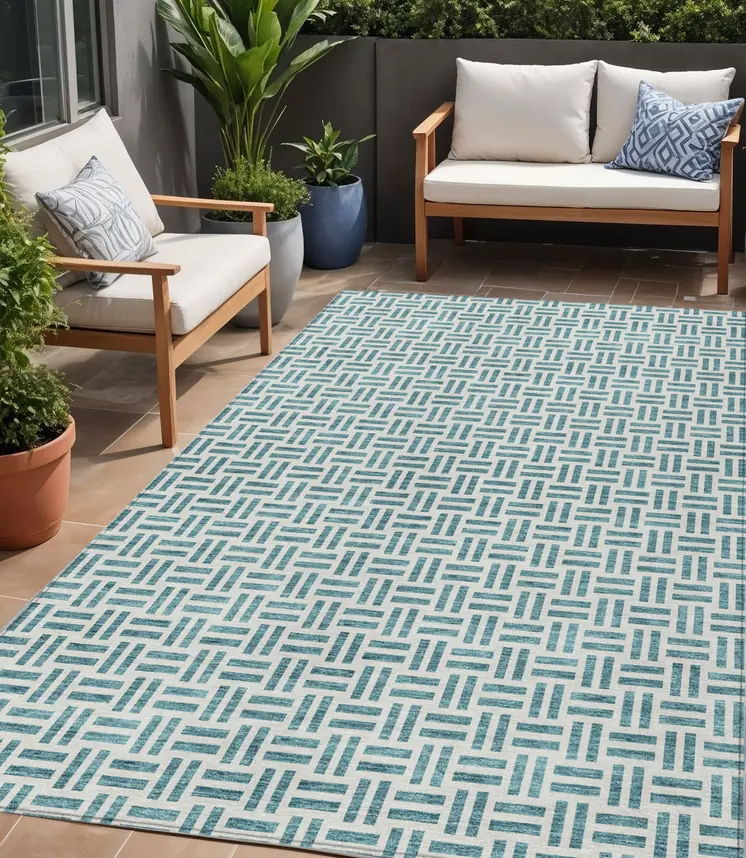 5' X 8' Teal Blue And Ivory Geometric Washable Indoor Outdoor Area Rug