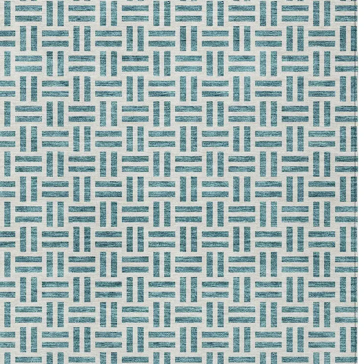 5' X 8' Teal Blue And Ivory Geometric Washable Indoor Outdoor Area Rug