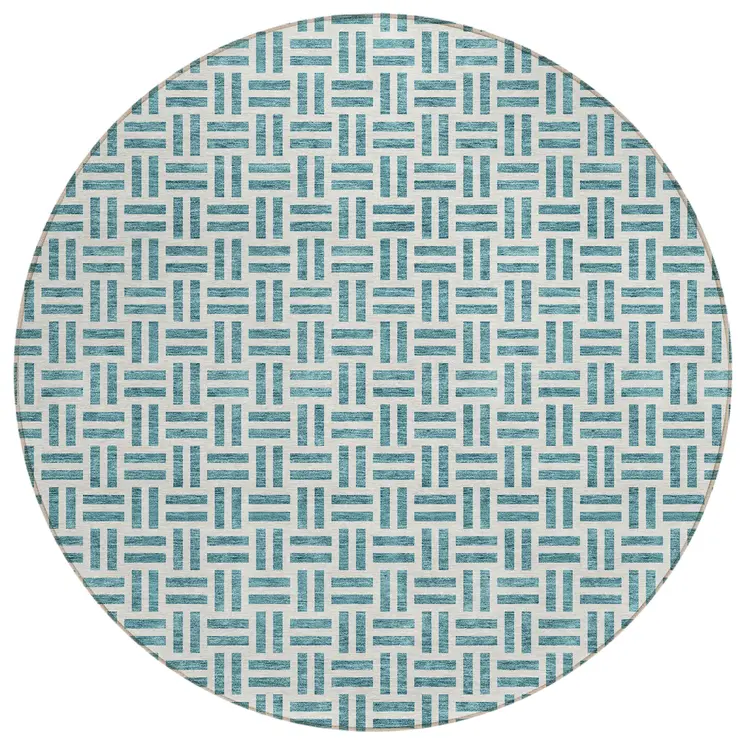 8' Teal Blue And Ivory Round Geometric Washable Indoor Outdoor Area Rug