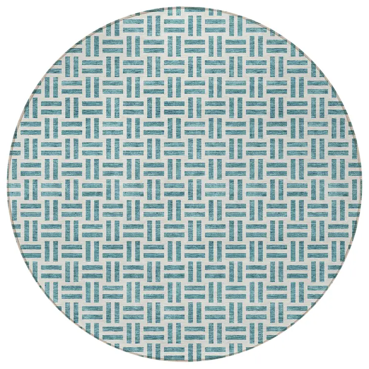 8' Teal Blue And Ivory Round Geometric Washable Indoor Outdoor Area Rug