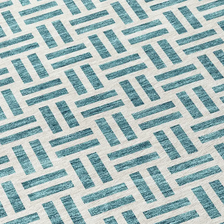 8' Teal Blue And Ivory Round Geometric Washable Indoor Outdoor Area Rug
