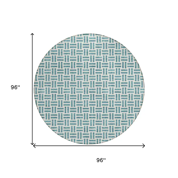 8' Teal Blue And Ivory Round Geometric Washable Indoor Outdoor Area Rug
