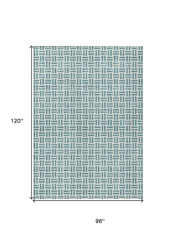8' X 10' Teal Blue And Ivory Geometric Washable Indoor Outdoor Area Rug
