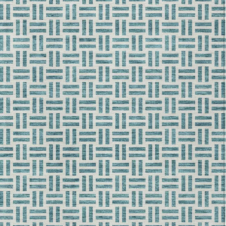 8' X 10' Teal Blue And Ivory Geometric Washable Indoor Outdoor Area Rug