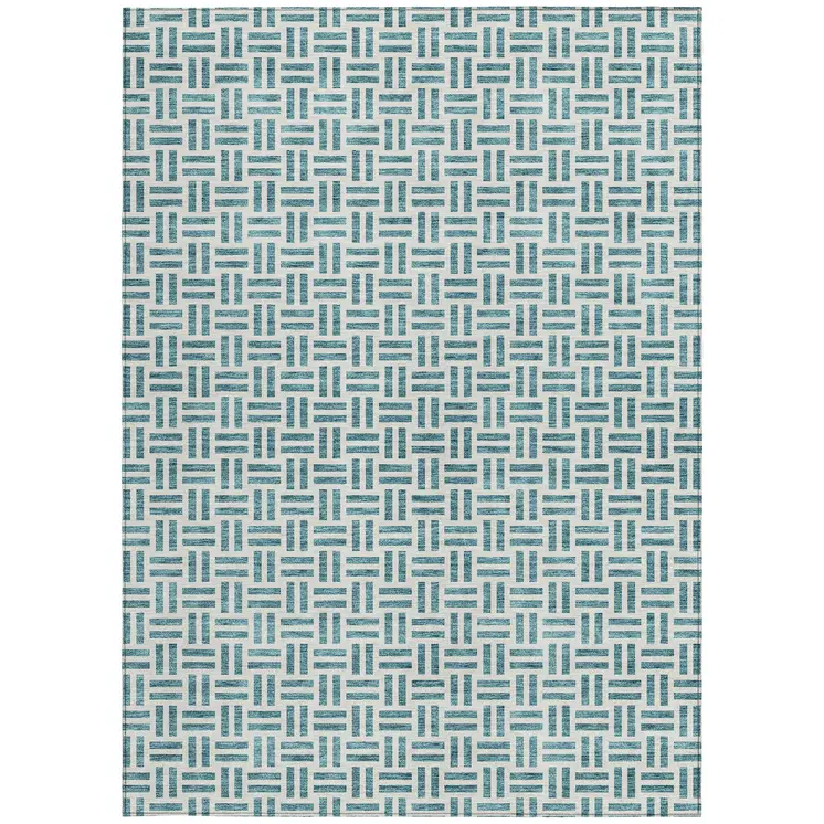 8' X 10' Teal Blue And Ivory Geometric Washable Indoor Outdoor Area Rug