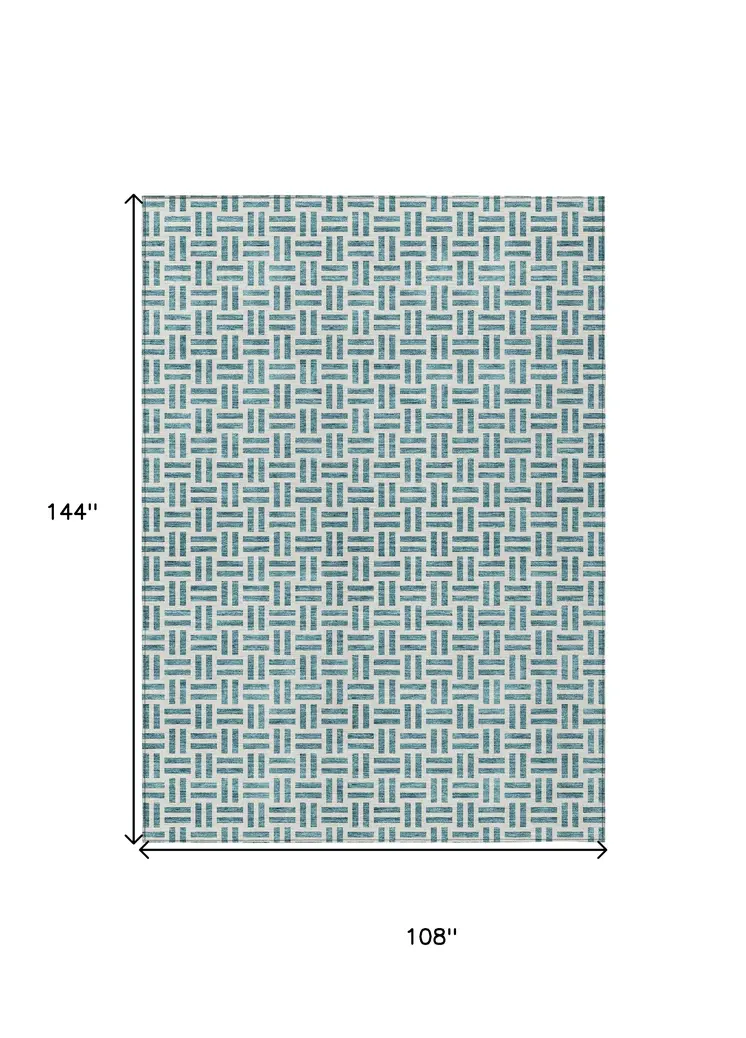 9' X 12' Teal Blue And Ivory Geometric Washable Indoor Outdoor Area Rug