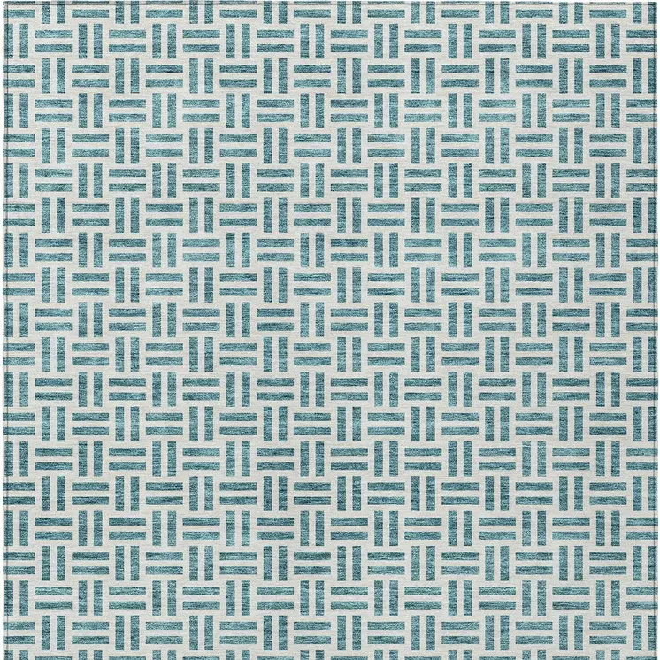 9' X 12' Teal Blue And Ivory Geometric Washable Indoor Outdoor Area Rug