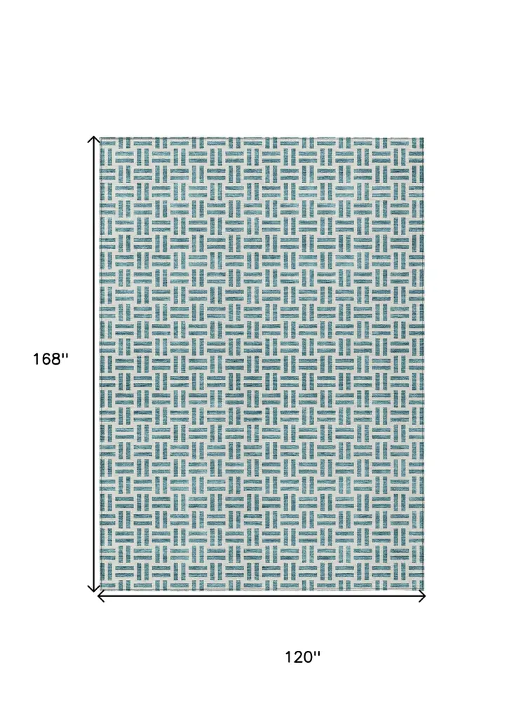 10' X 14' Teal Blue And Ivory Geometric Washable Indoor Outdoor Area Rug
