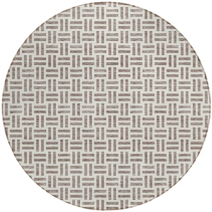 8' Taupe And Ivory Round Geometric Washable Indoor Outdoor Area Rug