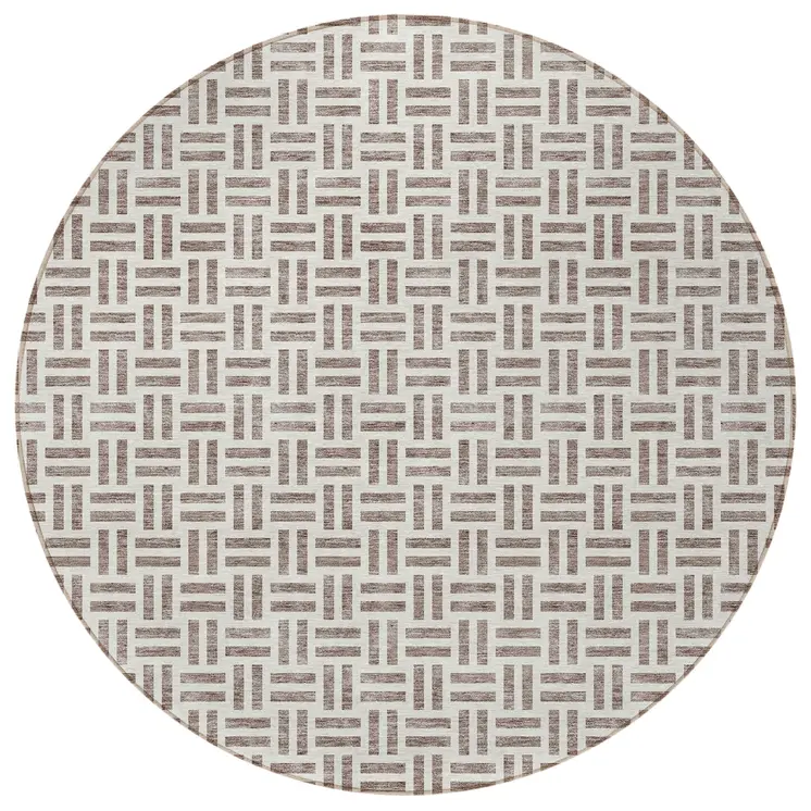 8' Taupe And Ivory Round Geometric Washable Indoor Outdoor Area Rug