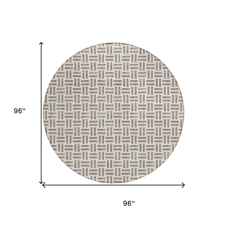 8' Taupe And Ivory Round Geometric Washable Indoor Outdoor Area Rug