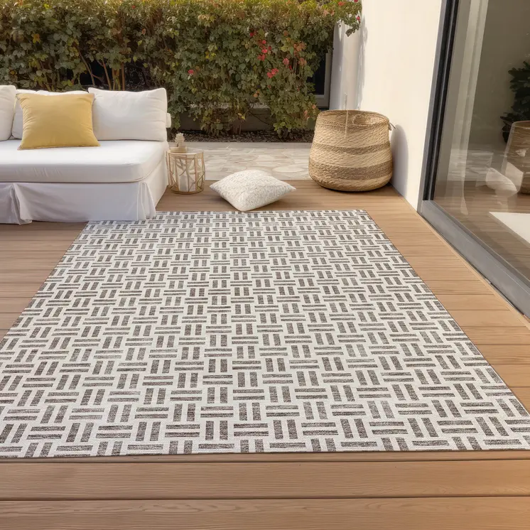 9' X 12' Taupe And Ivory Geometric Washable Indoor Outdoor Area Rug