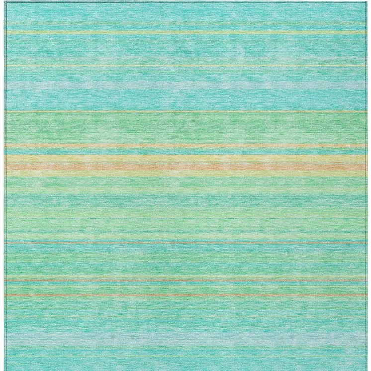 3' X 5' Aqua Green And Yellow Striped Washable Indoor Outdoor Area Rug