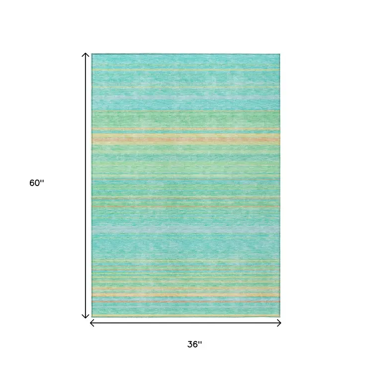 3' X 5' Aqua Green And Yellow Striped Washable Indoor Outdoor Area Rug