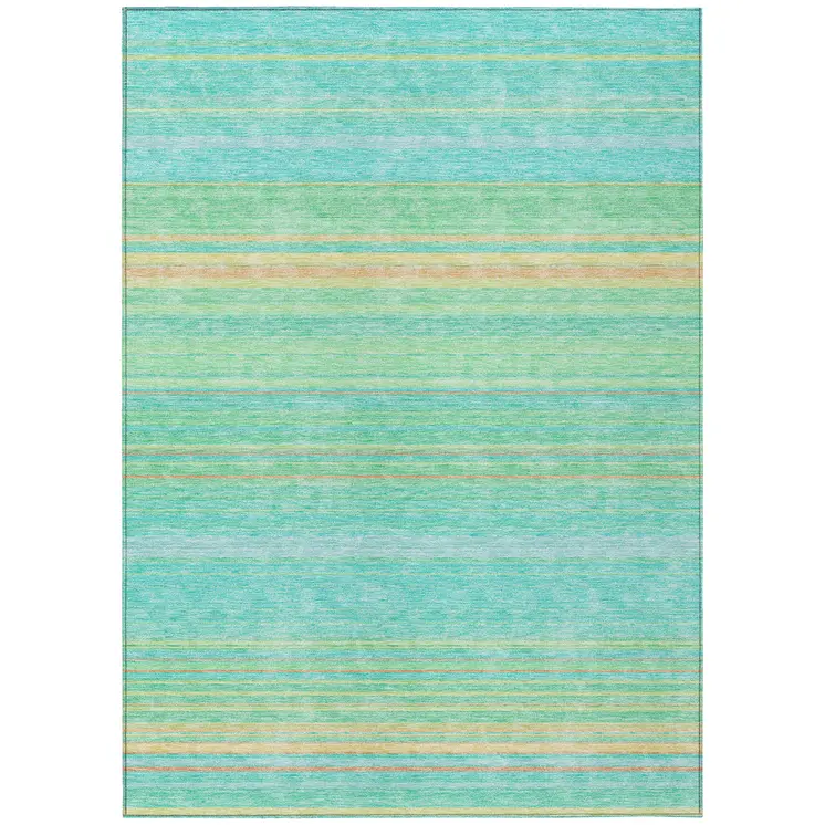 3' X 5' Aqua Green And Yellow Striped Washable Indoor Outdoor Area Rug