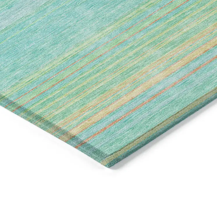 3' X 5' Aqua Green And Yellow Striped Washable Indoor Outdoor Area Rug