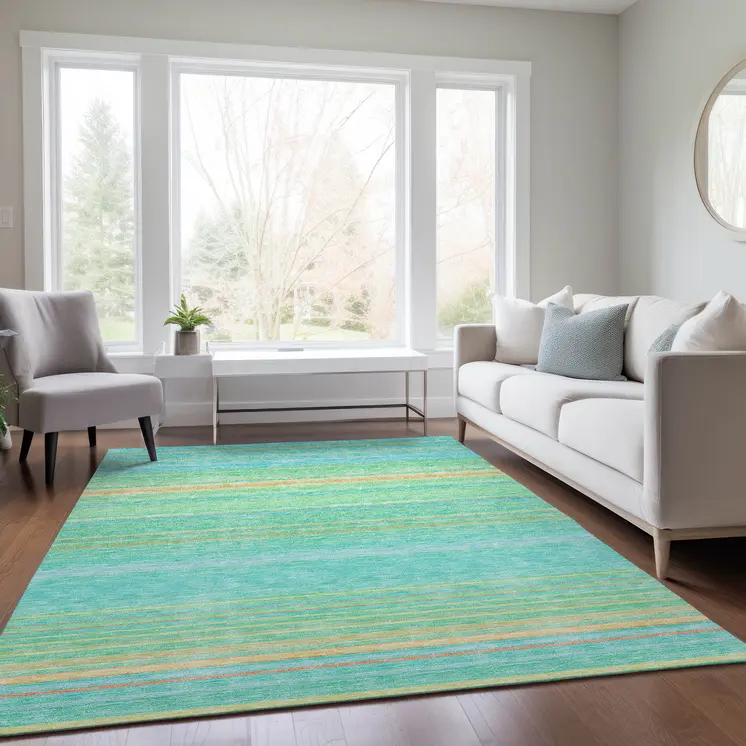 3' X 5' Aqua Green And Yellow Striped Washable Indoor Outdoor Area Rug