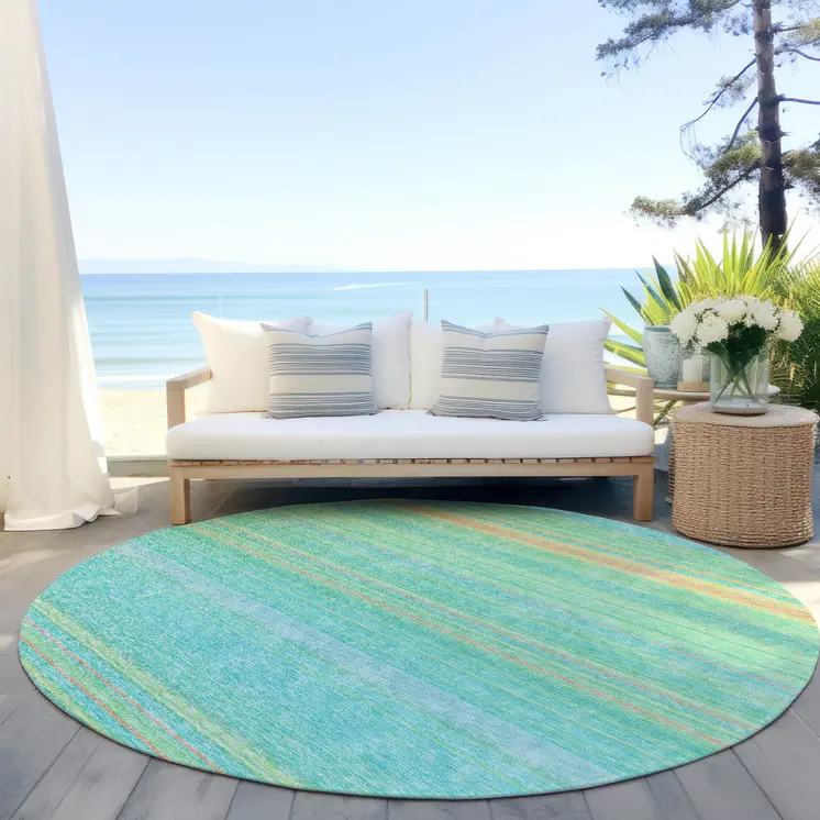 8' Aqua Green And Yellow Round Striped Washable Indoor Outdoor Area Rug