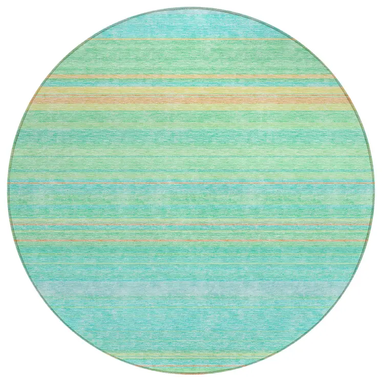 8' Aqua Green And Yellow Round Striped Washable Indoor Outdoor Area Rug