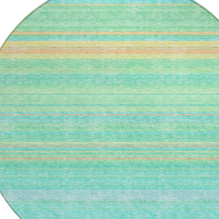 8' Aqua Green And Yellow Round Striped Washable Indoor Outdoor Area Rug