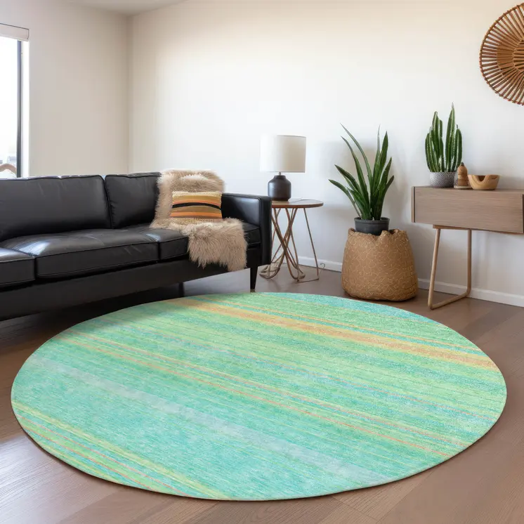 8' Aqua Green And Yellow Round Striped Washable Indoor Outdoor Area Rug