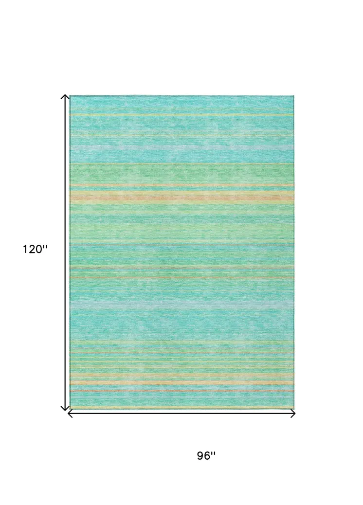 8' X 10' Aqua Green And Yellow Striped Washable Indoor Outdoor Area Rug