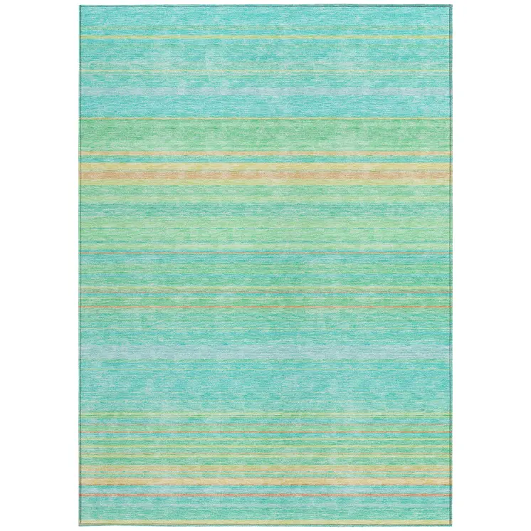 9' X 12' Aqua Green And Yellow Striped Washable Indoor Outdoor Area Rug