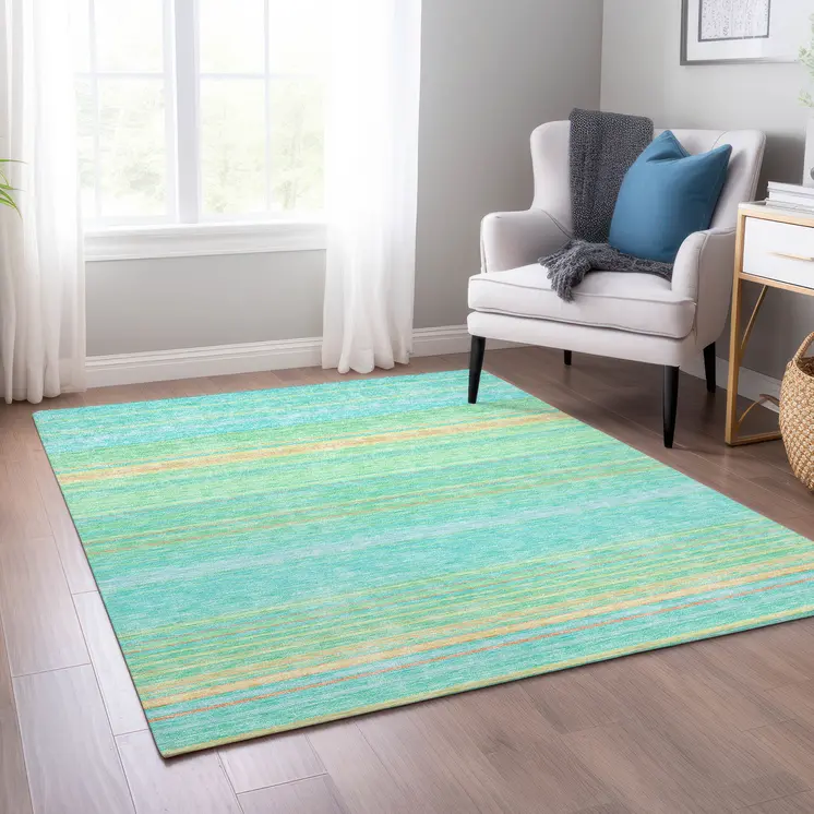 9' X 12' Aqua Green And Yellow Striped Washable Indoor Outdoor Area Rug