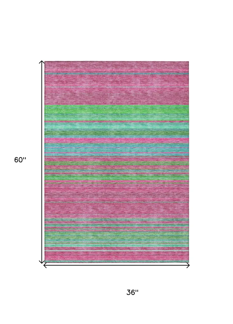 3' X 5' Blush Lime Green And Teal Blue Striped Washable Indoor Outdoor Area Rug