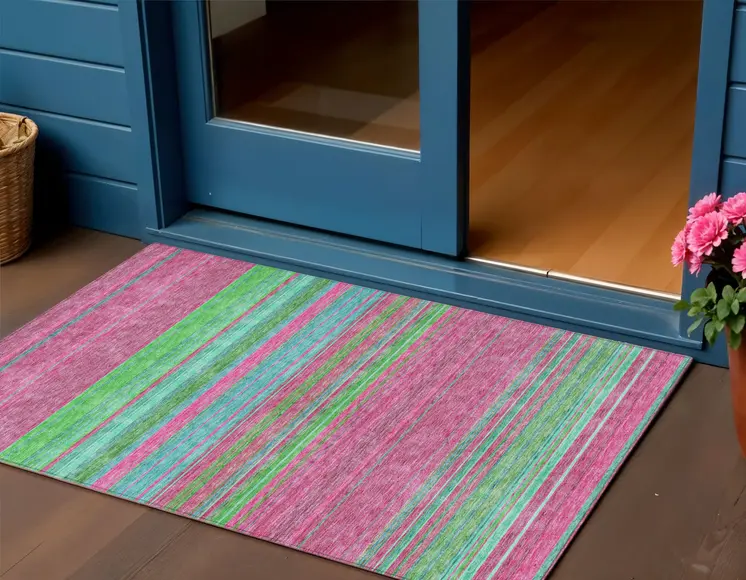3' X 5' Blush Lime Green And Teal Blue Striped Washable Indoor Outdoor Area Rug
