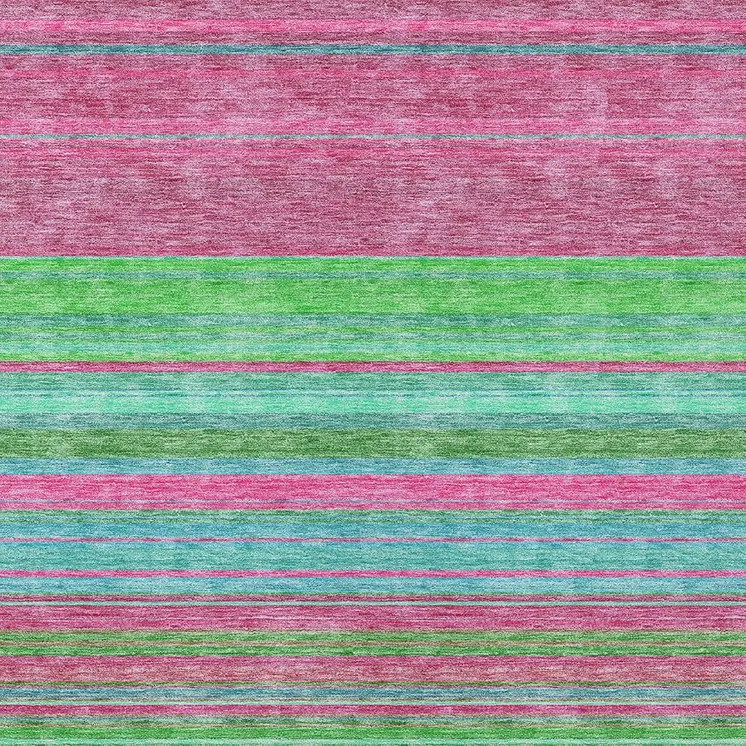 3' X 5' Blush Lime Green And Teal Blue Striped Washable Indoor Outdoor Area Rug