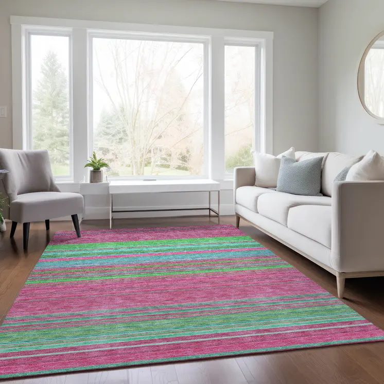 3' X 5' Blush Lime Green And Teal Blue Striped Washable Indoor Outdoor Area Rug