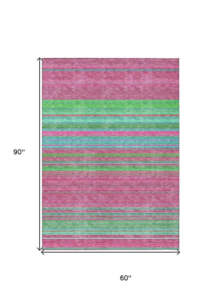5' X 8' Blush Lime Green And Teal Blue Striped Washable Indoor Outdoor Area Rug