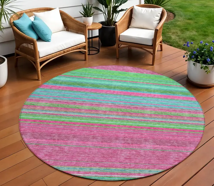 8' Blush Lime Green And Teal Blue Round Striped Washable Indoor Outdoor Area Rug