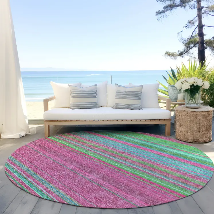 8' Blush Lime Green And Teal Blue Round Striped Washable Indoor Outdoor Area Rug
