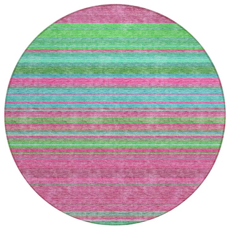 8' Blush Lime Green And Teal Blue Round Striped Washable Indoor Outdoor Area Rug