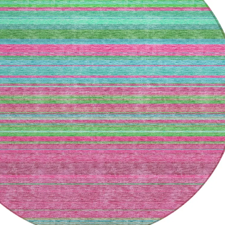 8' Blush Lime Green And Teal Blue Round Striped Washable Indoor Outdoor Area Rug