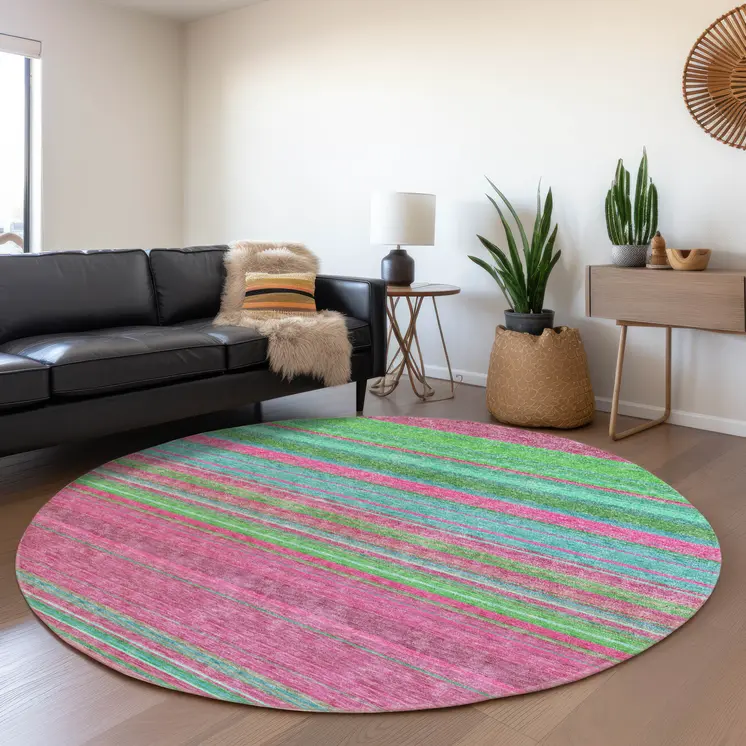 8' Blush Lime Green And Teal Blue Round Striped Washable Indoor Outdoor Area Rug